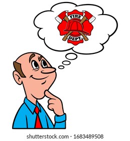 Thinking about Firefighting - A cartoon illustration of a man thinking about becoming a Firefighter.