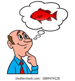 Thinking about fishing for Red Snapper - A cartoon illustration of a man thinking about fishing for Red Snapper. 