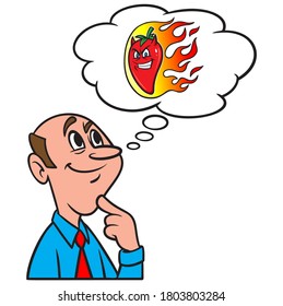 Pensar en un pimienta caliente que se inclina - Una caricatura ilustrativa de un hombre que piensa en un pimienta caliente que arde.