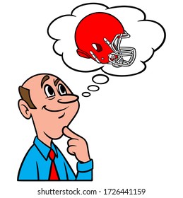 Thinking about Football - A cartoon illustration of a man thinking about Football Helmets.