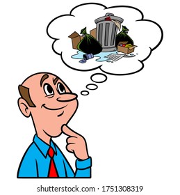 Thinking about Garbage - A cartoon illustration of a man thinking about Garbage.