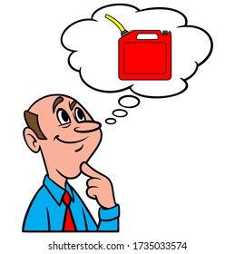 Pensar en una lata de gasolina - ilustración de un hombre pensando en una lata de gasolina.
