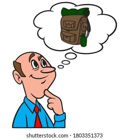 Thinking about a Hiking Backpack - A cartoon illustration of a man thinking about a Hiking Backpack.