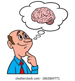 Thinking about the Human Brain - A cartoon illustration of a man thinking about the Human Brain.