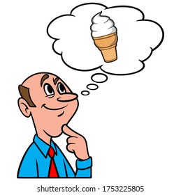 Denken Sie an einen Eiscreme-Kone - eine Cartoon-Illustration eines Mannes, der an einen Eiscreme-Kone denkt.