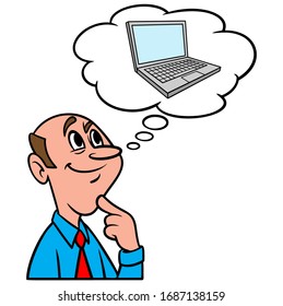 Thinking about a Laptop Computer - A cartoon illustration of a man thinking about buying a Laptop Computer.