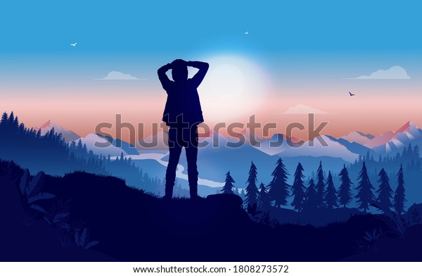 Thinking about life - Person standing on\
hilltop contemplating and wondering about what the future will\
bring. Mountain and forest in background. Pause from life concept.\
Vector illustration.