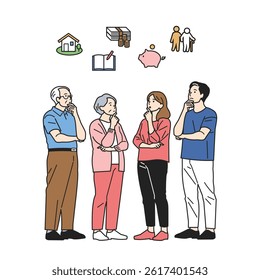 Thinking About Life's Big Costs – Generational Set. People pondering the 3 major expenses: education, housing, retirement. Great for financial planning, life design, or household budgeting content.