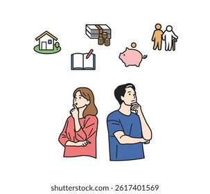 Thinking About Life's Big Costs – Generational Set. People pondering the 3 major expenses: education, housing, retirement. Great for financial planning, life design, or household budgeting content.
