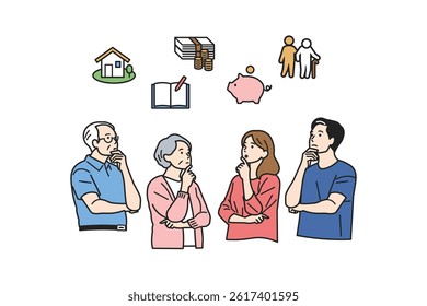 Thinking About Life's Big Costs – Generational Set. People pondering the 3 major expenses: education, housing, retirement. Great for financial planning, life design, or household budgeting content.