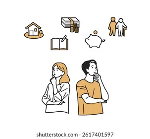Thinking About Life's Big Costs – Generational Set. People pondering the 3 major expenses: education, housing, retirement. Great for financial planning, life design, or household budgeting content.