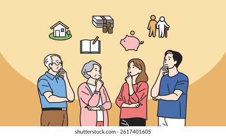 Thinking About Life's Big Costs – Generational Set. People pondering the 3 major expenses: education, housing, retirement. Great for financial planning, life design, or household budgeting content.