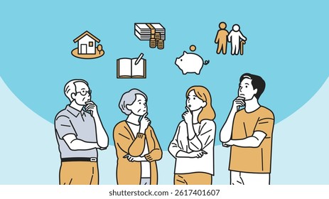 Thinking About Life's Big Costs – Generational Set. People pondering the 3 major expenses: education, housing, retirement. Great for financial planning, life design, or household budgeting content.