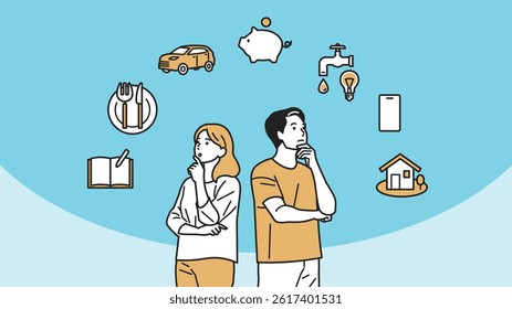 Thinking About Living Costs – Household Budgeting Set. People of all ages contemplating daily expenses like food, water, and phones. Great for budgeting, saving tips, and household finance content.