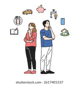 Thinking About Living Costs – Household Budgeting Set. People of all ages contemplating daily expenses like food, water, and phones. Great for budgeting, saving tips, and household finance content.