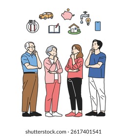 Thinking About Living Costs – Household Budgeting Set. People of all ages contemplating daily expenses like food, water, and phones. Great for budgeting, saving tips, and household finance content.
