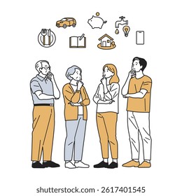 Thinking About Living Costs – Household Budgeting Set. People of all ages contemplating daily expenses like food, water, and phones. Great for budgeting, saving tips, and household finance content.