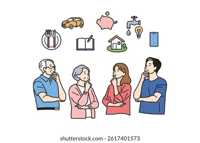 Thinking About Living Costs – Household Budgeting Set. People of all ages contemplating daily expenses like food, water, and phones. Great for budgeting, saving tips, and household finance content.
