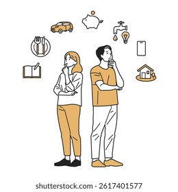 Thinking About Living Costs – Household Budgeting Set. People of all ages contemplating daily expenses like food, water, and phones. Great for budgeting, saving tips, and household finance content.