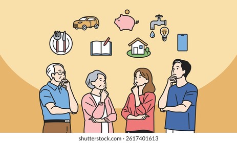 Thinking About Living Costs – Household Budgeting Set. People of all ages contemplating daily expenses like food, water, and phones. Great for budgeting, saving tips, and household finance content.