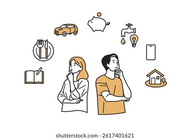 Thinking About Living Costs – Household Budgeting Set. People of all ages contemplating daily expenses like food, water, and phones. Great for budgeting, saving tips, and household finance content.