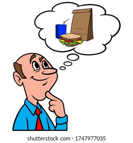 Thinking about Lunch - A cartoon illustration of a man thinking about a sack Lunch.