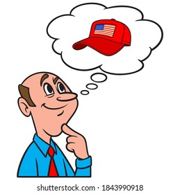 Thinking about MAGA - A cartoon illustration of a man thinking about the Make America Great Again movement.