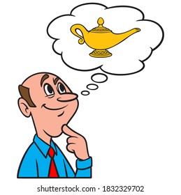 Thinking about making a Wish - A cartoon illustration of a man thinking about making a wish with a Genie Lamp.