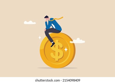 Thinking about money decision, financial planning or investment strategy, profit and loss, expense or tax concept, thoughtful businessman investor thinking about where to invest on dollar coin money.