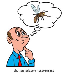 Thinking about Mosquito Control - A cartoon illustration of a man thinking about Mosquito Control.