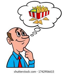 Thinking about Nachos - A cartoon illustration of a man thinking about having some Nachos.