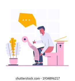 Thinking about new idea during using toilet web template, cartoon style Screen web template for mobile phone, landing page, template, UI, web, mobile app, poster, banner, flat Vector illustration