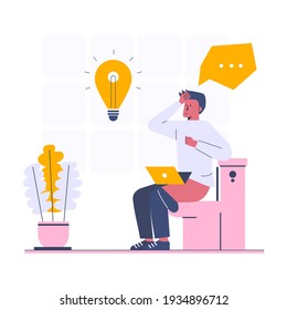 Thinking about new idea during using toilet web template, cartoon style Screen web template for mobile phone, landing page, template, UI, web, mobile app, poster, banner, flat Vector illustration