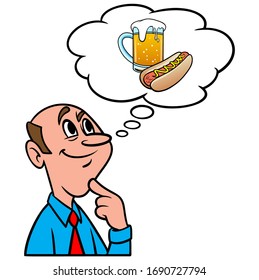 Thinking about Oktoberfest - A cartoon illustration of a man thinking about Oktoberfest.