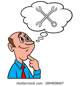 Thinking about Open Ended Wrenches - A cartoon illustration of a man thinking about becoming a Mechanic. 