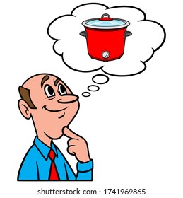 Thinking about a Potluck - A cartoon illustration of a man thinking about having a Potluck.