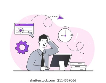 Thinking About Problems. Man Sitting Behind Monitor And Scratching His Head With His Hand. Hardworking Employee Makes Over Problem Solving. Viruses And Hacker Attack. Cartoon Flat Vector Illustration