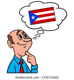 Thinking about Puerto Rico - A cartoon illustration of a man thinking about a trip to Puerto Rico.
