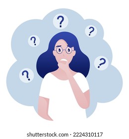 Thinking about Questions. Flat illustration of a woman thinking about a few unanswered questions.