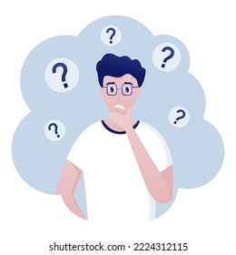 Thinking about Questions. Flat illustration of a man thinking about a few unanswered que