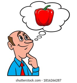 Thinking about a Red Pepper - A cartoon illustration of a man thinking about a fresh Red Pepper from the garden.