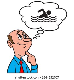 Pensar en las lecciones de natación - Una caricatura ilustrativa de un hombre que piensa en tomar lecciones de natación.