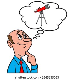 Thinking about a Telescope - A cartoon illustration of a man thinking about a telescope. 