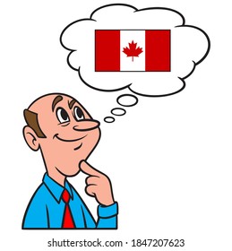 Thinking about a trip to Canada - A cartoon illustration of a man thinking about a trip to Canada.