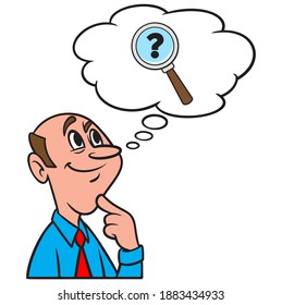 Thinking about an Unsolved Mystery - A cartoon illustration of a man thinking about an Unsolved Mystery. 
