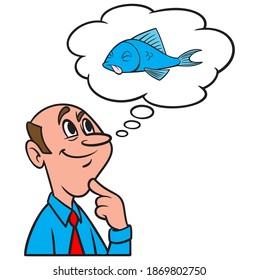 Thinking about Water Pollution - A cartoon illustration of a man thinking about the smell of Dead Fish.