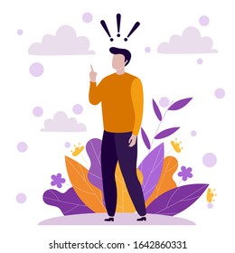 Thinking abstract business man with exclamation marks. Young man solves problem, chooses solution, finds the answer and solution. Opposition of doubt and determination. Vector flat design