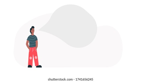 Thinking afro american man with business idea concept vector illustration. Adult cartoon man think and confused question solution. Character in job with bubble creative work. People pensive