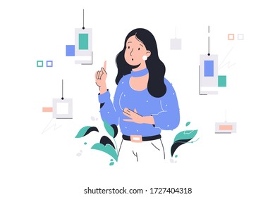 Thinking attractive woman designer selection color at work. Concept female employee character choosing job equipment. Vector illustration.