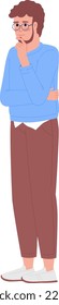 Thinking bearded man rubbing chin semi flat color vector character. Editable figure. Full body person on white. Simple cartoon style spot illustration for web graphic design and animation